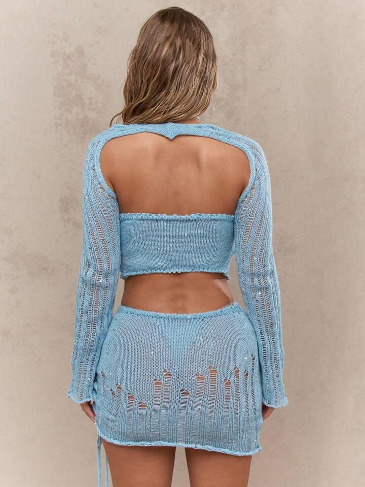 MISSGUIDED Cross Strap Distressed Rib Knit Crop Top With Bodycon Asymmetrical Mini Skirt 2 Piece ... | SHEIN