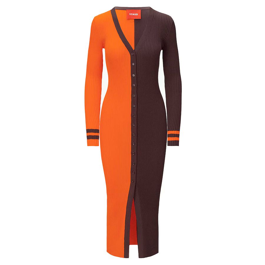 Women's Cleveland Browns STAUD Orange/Brown Shoko Knit Button-Up Sweater Dress | NFL Shop