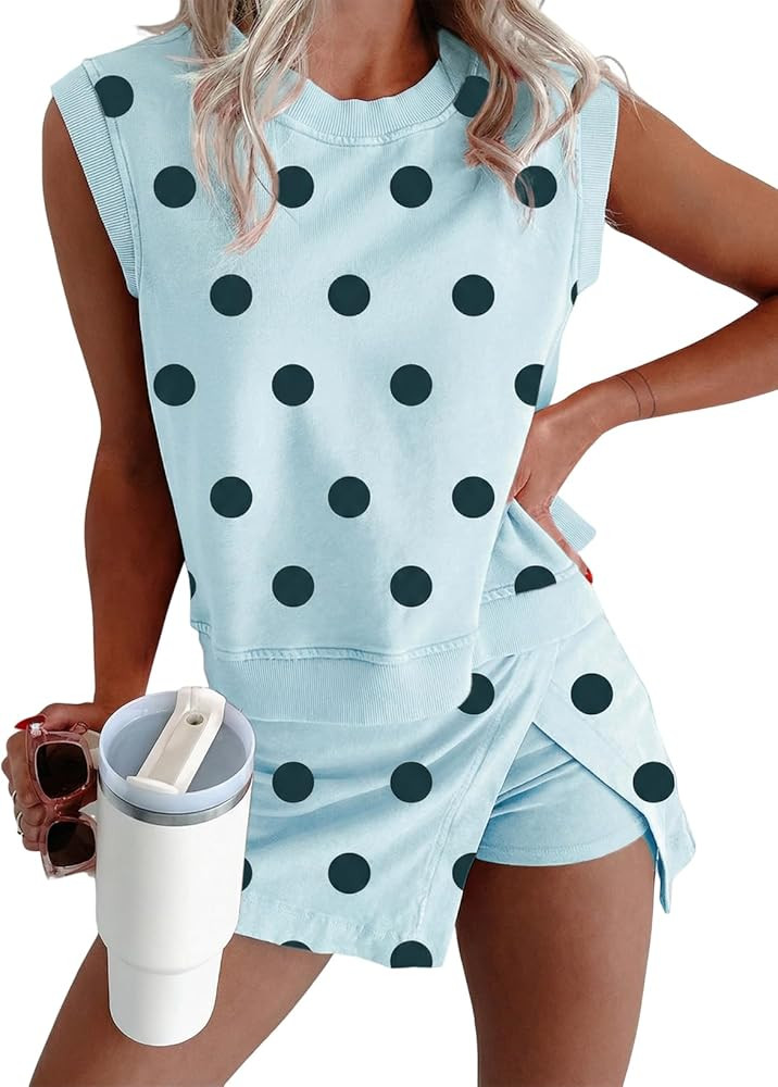 KevaMolly Womens Lounge Sets Ribbed Trim Polka Dot Print Tank Split Mini Skort 2pcs Set Sleeveles... | Amazon (US)