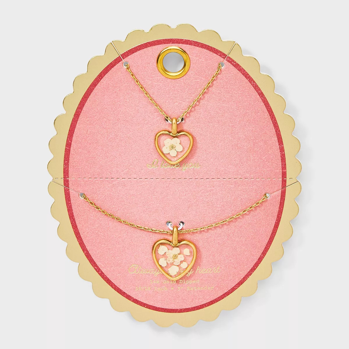 Valentine's Day 14K Gold Dipped Floral Heart Shape Pendant Necklace Set 2pc - Gold | Target