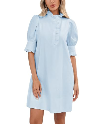 YEXPINE Women's Puff Short Sleeve Stand Ruffle Collar Summer Dress Casual A Line Shift Mini Dress with Pockets Light Blue | Amazon (US)