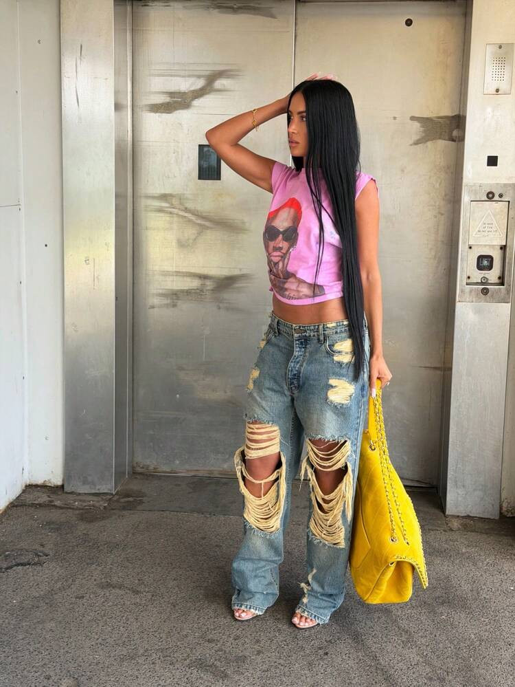 Women's Casual Blue Denim Wide Leg Long Jeans With Ripped Details, Medium Stretch For Grunge And ... | SHEIN