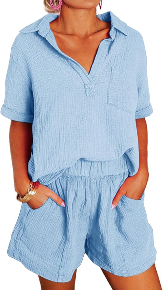 Dokotoo Women's Two Piece Outfits V Neck Short Sleeve Shirts and High Waist Shorts Lounge Sets | Amazon (US)