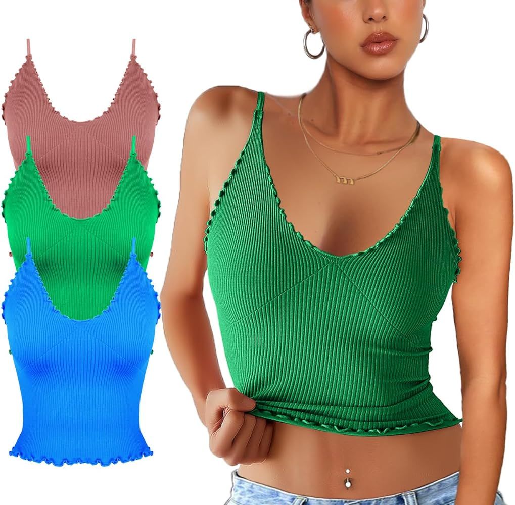 CHYRII Women 3 Pack Ruffled V Neck Cropped Tops Workout Basic Ribbed Camisole Tank Tops | Amazon (US)