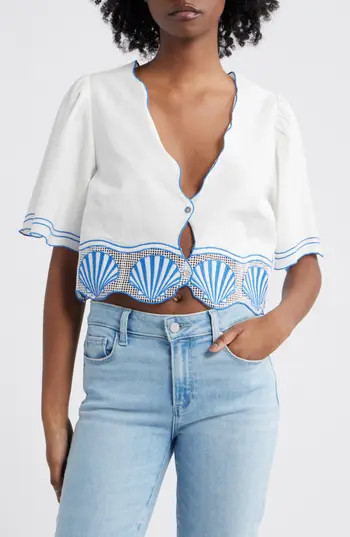 Rails Venice Shell Embroidered Cotton & Linen Crop Top in White at Nordstrom Rack, Size Small | Nordstrom Rack