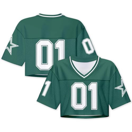 Jiveels #01 Cropped Top Jersey for Women Y2k Gift Hip Hop Plain Green Football Jersey Crop Top V Neck Short Sleeve Shirts Mesh Streetwear Small | Amazon (US)