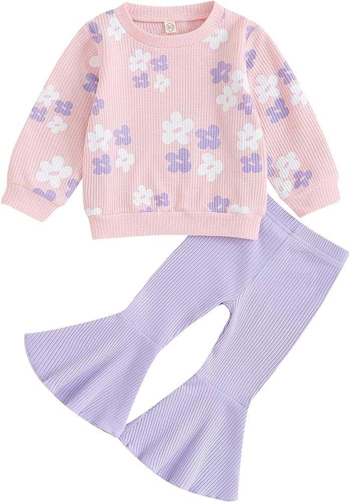 Toddler Baby Girls Bell Bottom Outfit Floral Print Long Sleeve Sweatshirt Knit Flared Pants Set 2... | Amazon (US)