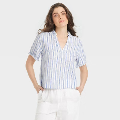 Women's Short Sleeve Popover Blouse - Universal Thread™ Blue Striped XS | Target