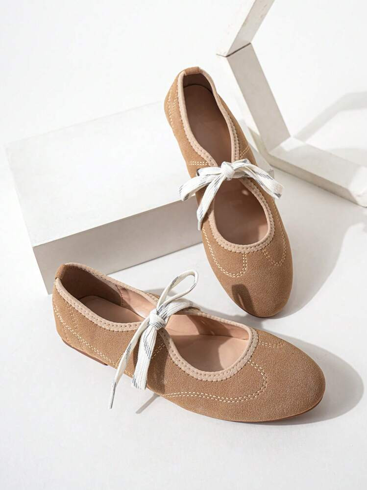 Women's Casual Lace-Up Soft Flat Shoes, Suede-Like Round Toe Nude Ballet Flats, Suitable For Summ... | SHEIN