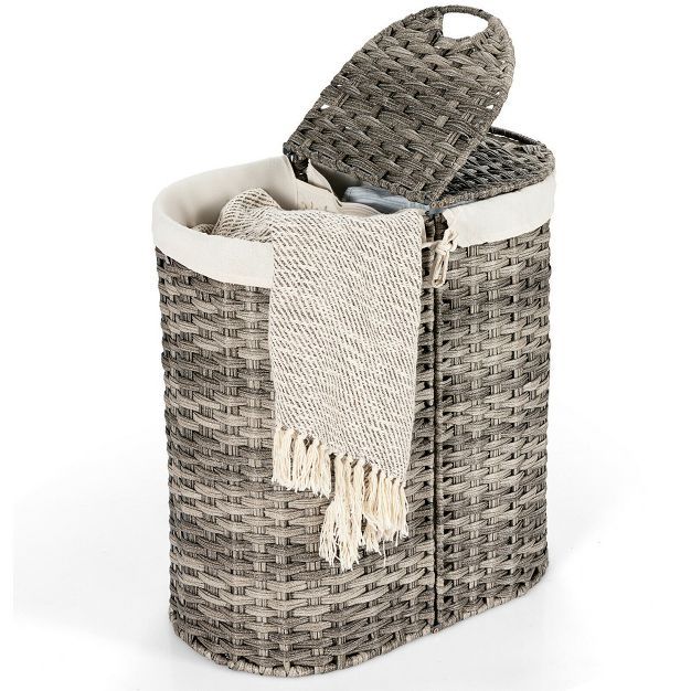 Costway Handwoven Laundry Hamper Laundry Basket w/2 Removable Liner Bags Brown/Grey | Target