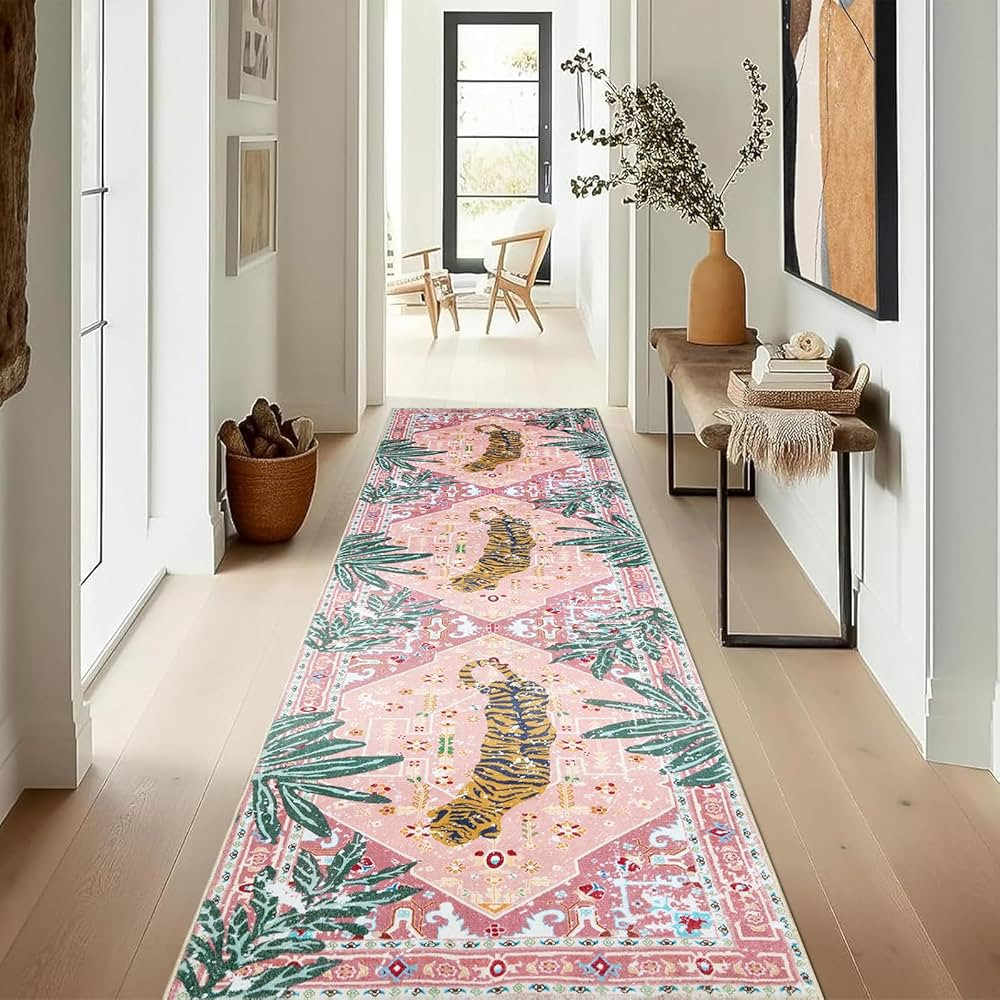 Oriental Tropical Hallway Runner Rug 2x8 Washable, Thin Stain Resistant Pink Boho Runner Rug for ... | Amazon (US)