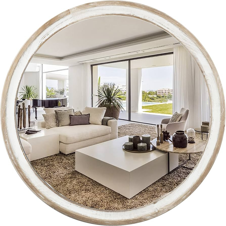Reflinto Rustic Round Mirror 24", Hanging Wall Decorative Mirror Distressed Natural Wooden Farmho... | Amazon (US)