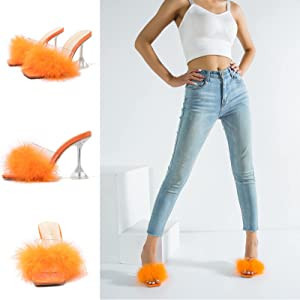 LIURUIJIA Women's Square Toe High Heel Mule Sandals Fuzzy Heels heels Wedding bridal Party Dress ... | Amazon (US)