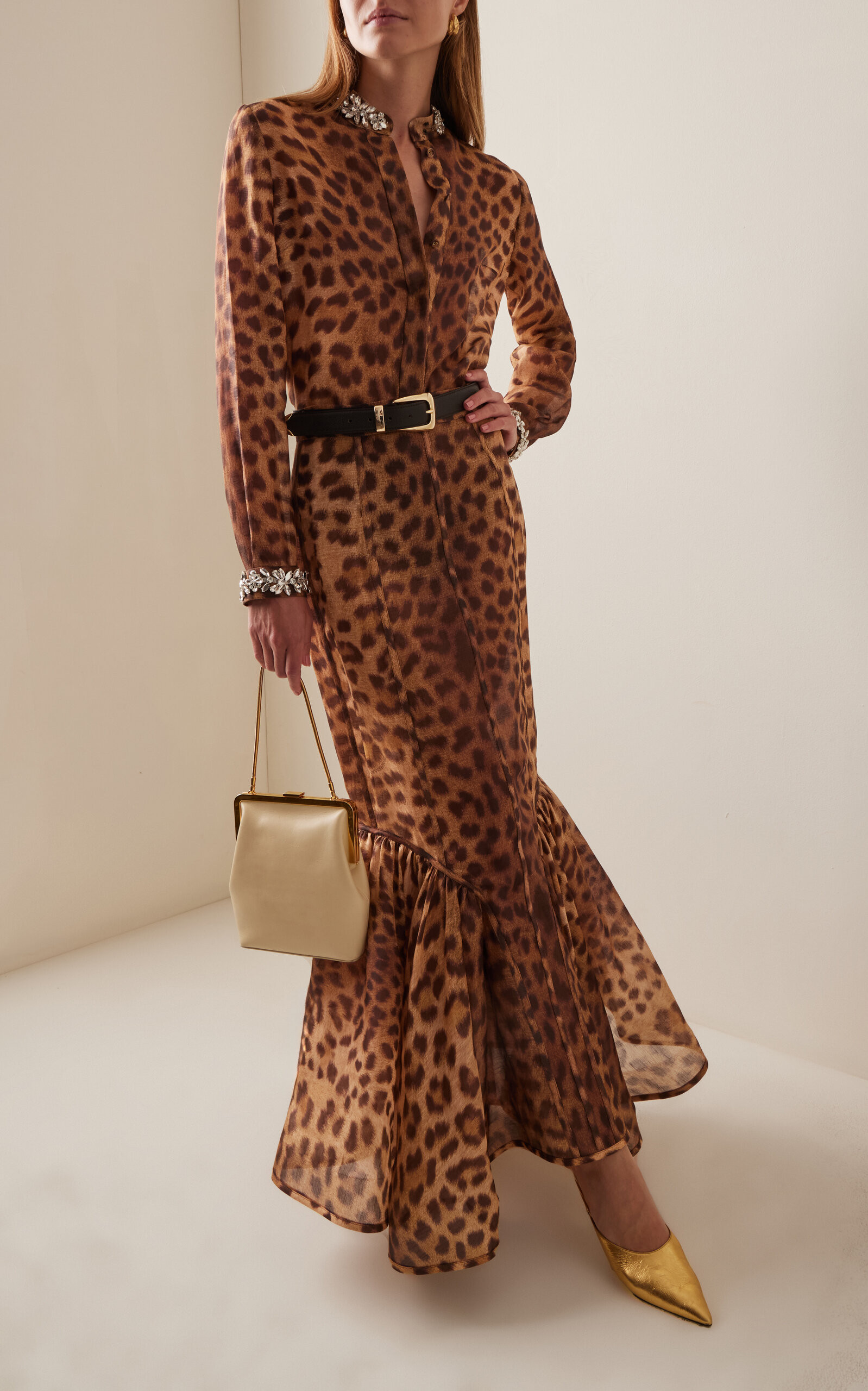 Crush Flared Animal-Print Linen-Silk Midi Skirt | Moda Operandi (Global)