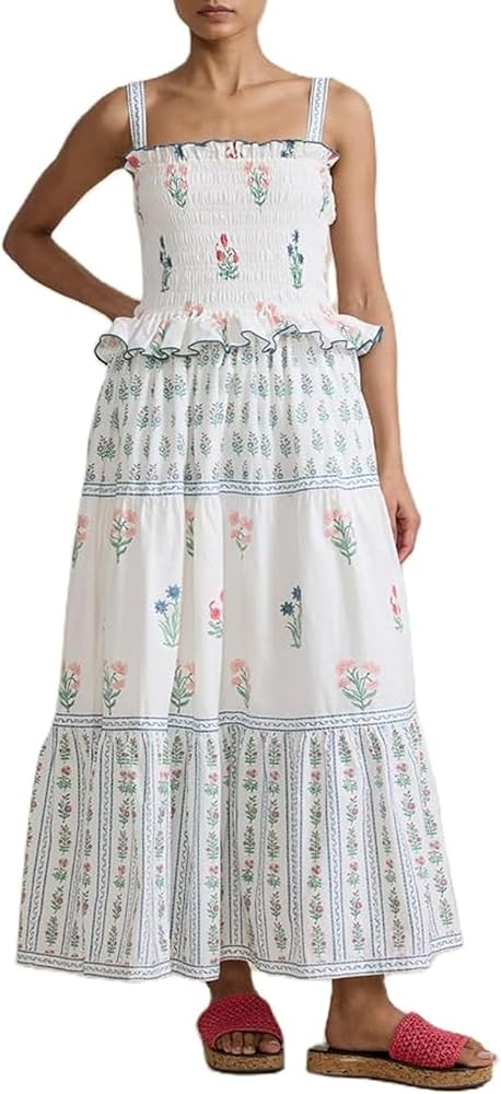 Women's Summer Boho Floral Maxi Dress Square Neck Tie Shoulder Flowy Long Dress Y2K Sleeveless Be... | Amazon (US)