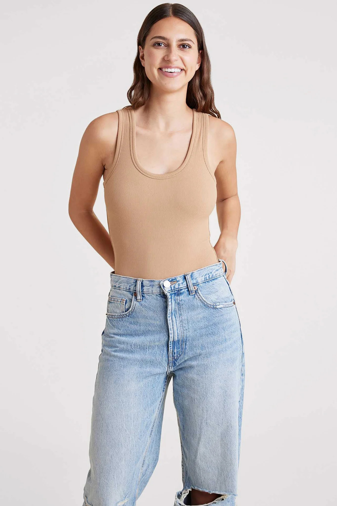 Ribbed Scoop Tank Bodysuit | Cinnamon | nuuds