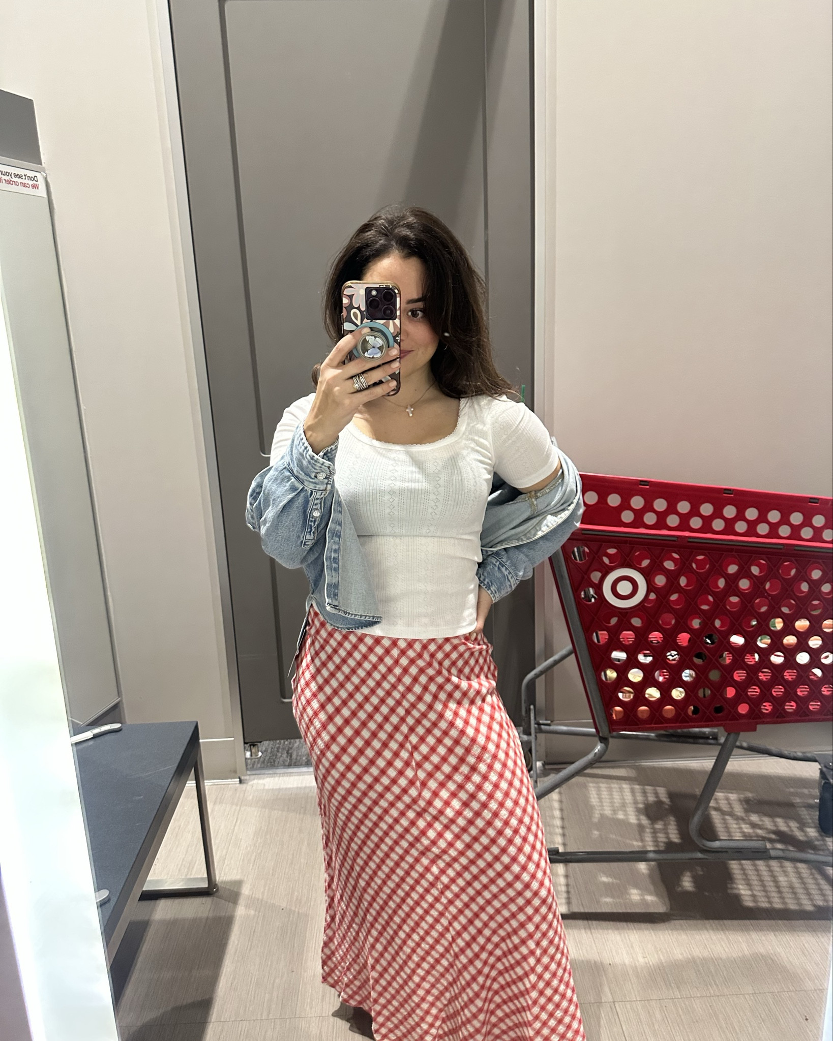 Love these these new pieces from #target!! Eye lit short sleeve, red fit and flair maxi skirt giving major spring vibes, and this denim long sleeve that is the perfect season layer for spring transition . Feels vintage. LOVE that it’s not a drop shoulder. #petite 

#LTKFindsUnder50 #LTKSeasonal