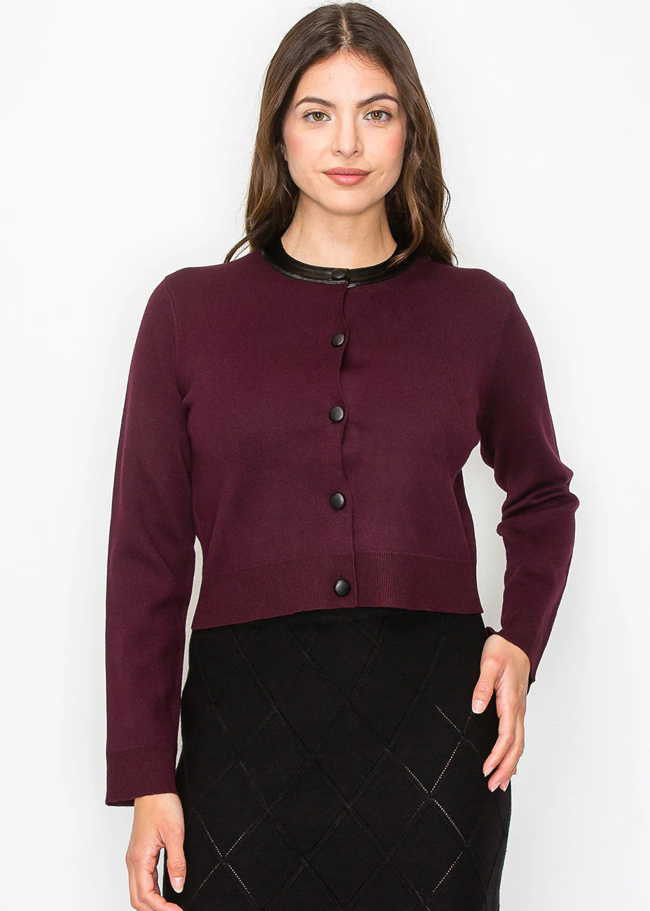 Burgundy Knit Cardigan with Elegant Collar Accent | Shop Simon