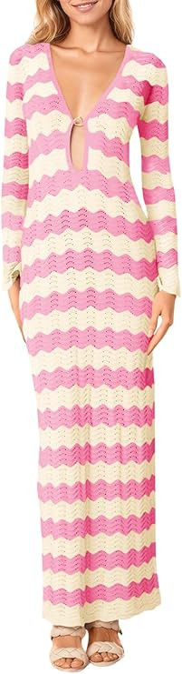 Saodimallsu Womens Crochet Summer Maxi Dress Striped Sexy Cut Out V Neck Long Sleeve Knit Cover U... | Amazon (US)