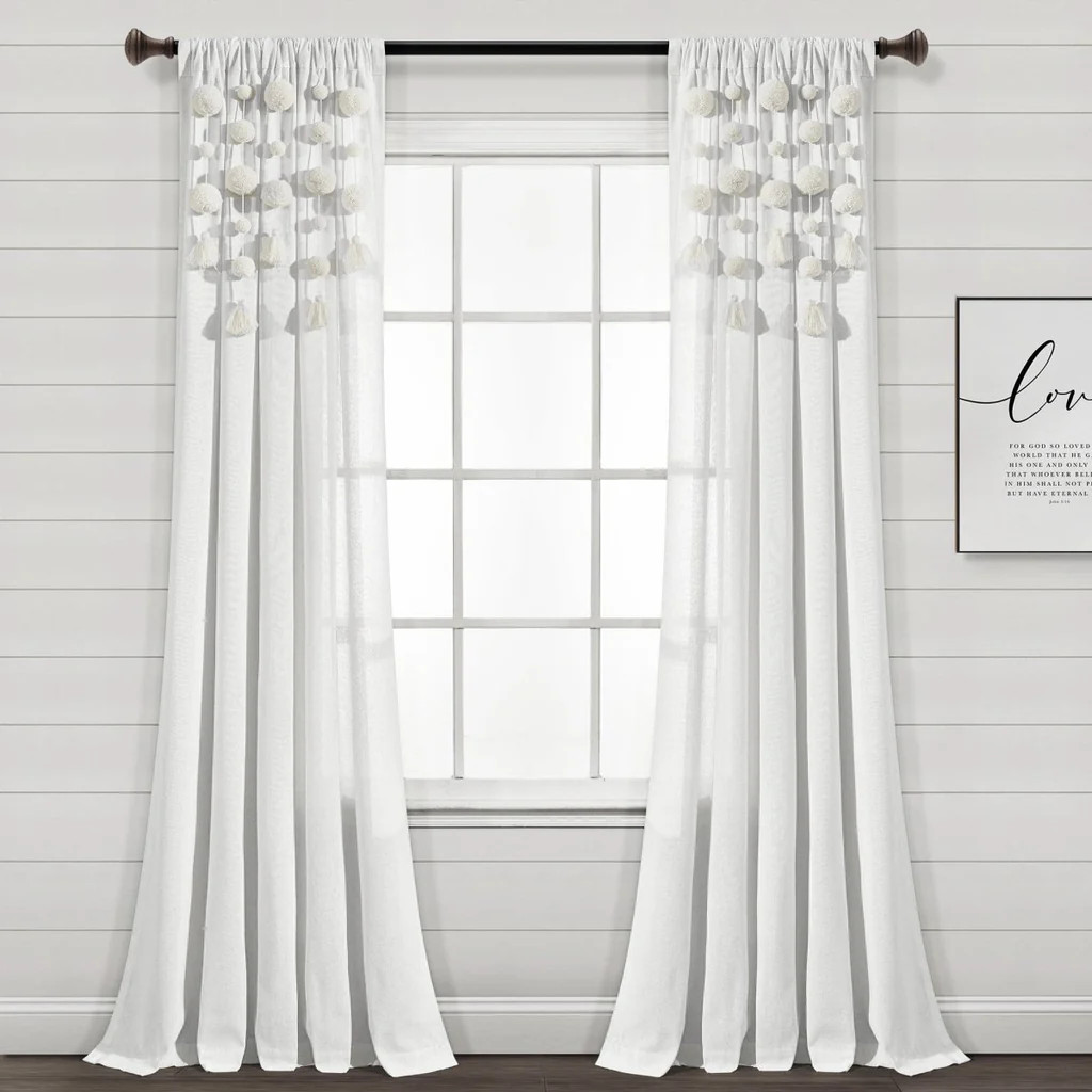 Boho Pom Pom Tassel Faux Linen Window Curtain Panel | Lush Decor