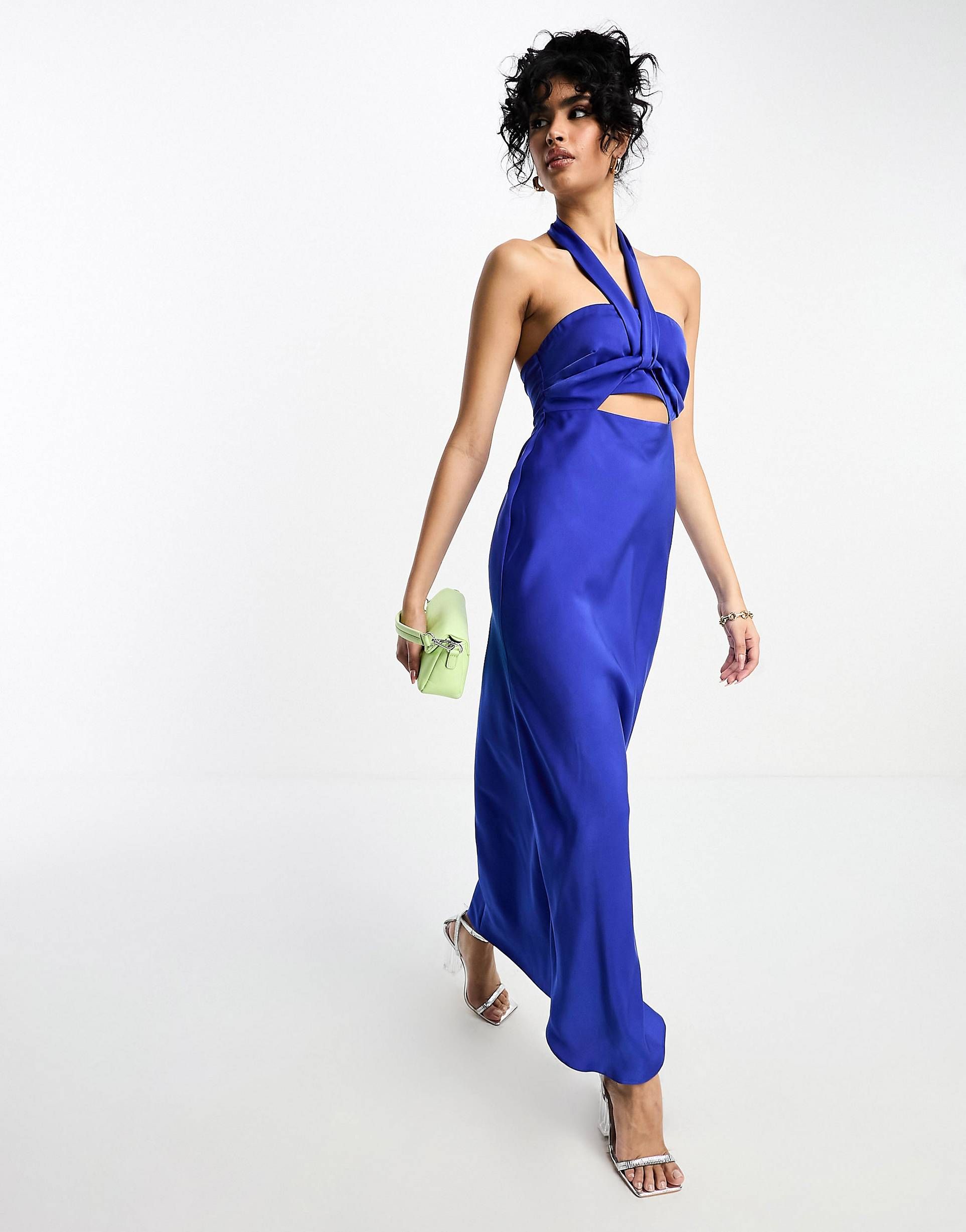 ASOS DESIGN satin halterneck twist maxi dress with cut out front in blue | ASOS (Global)