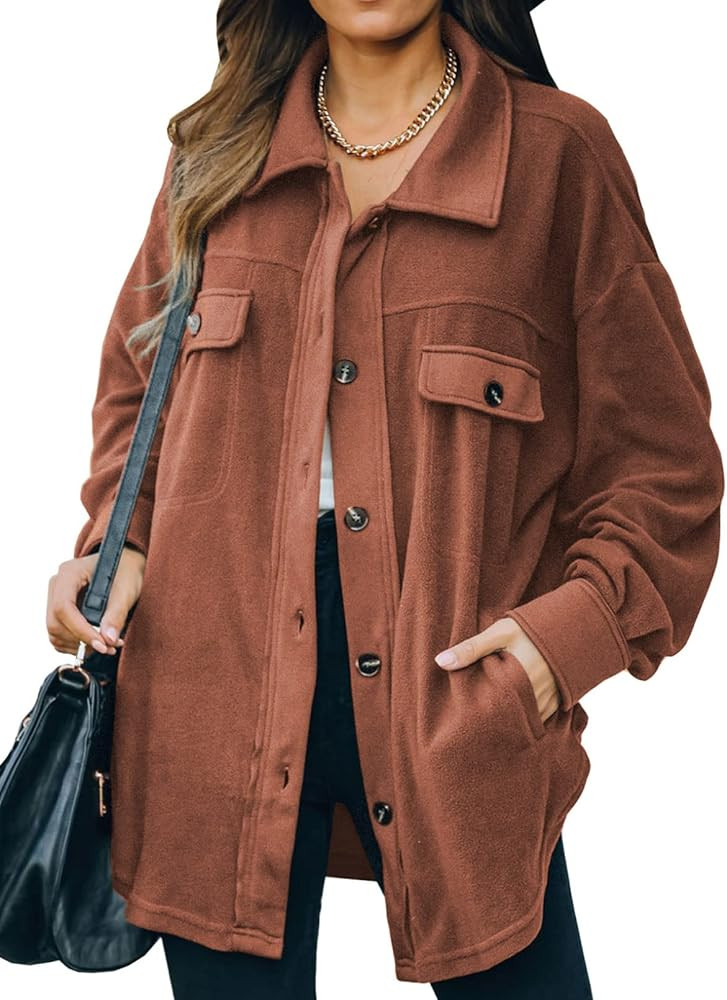 Women 2023 Casual Coat Long Sleeve Shacket Shirts Jacket with Pockets | Amazon (US)