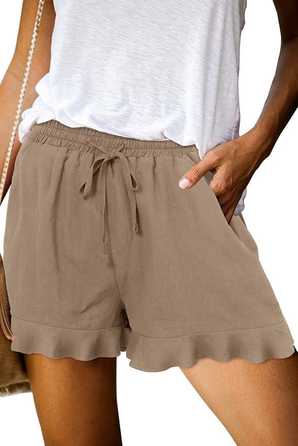 ONLYSHE Womens Casual Shorts Drawstring Elastic Waist Ruffle Hem Summer Shorts Comfy Pocketed Pan... | Amazon (US)