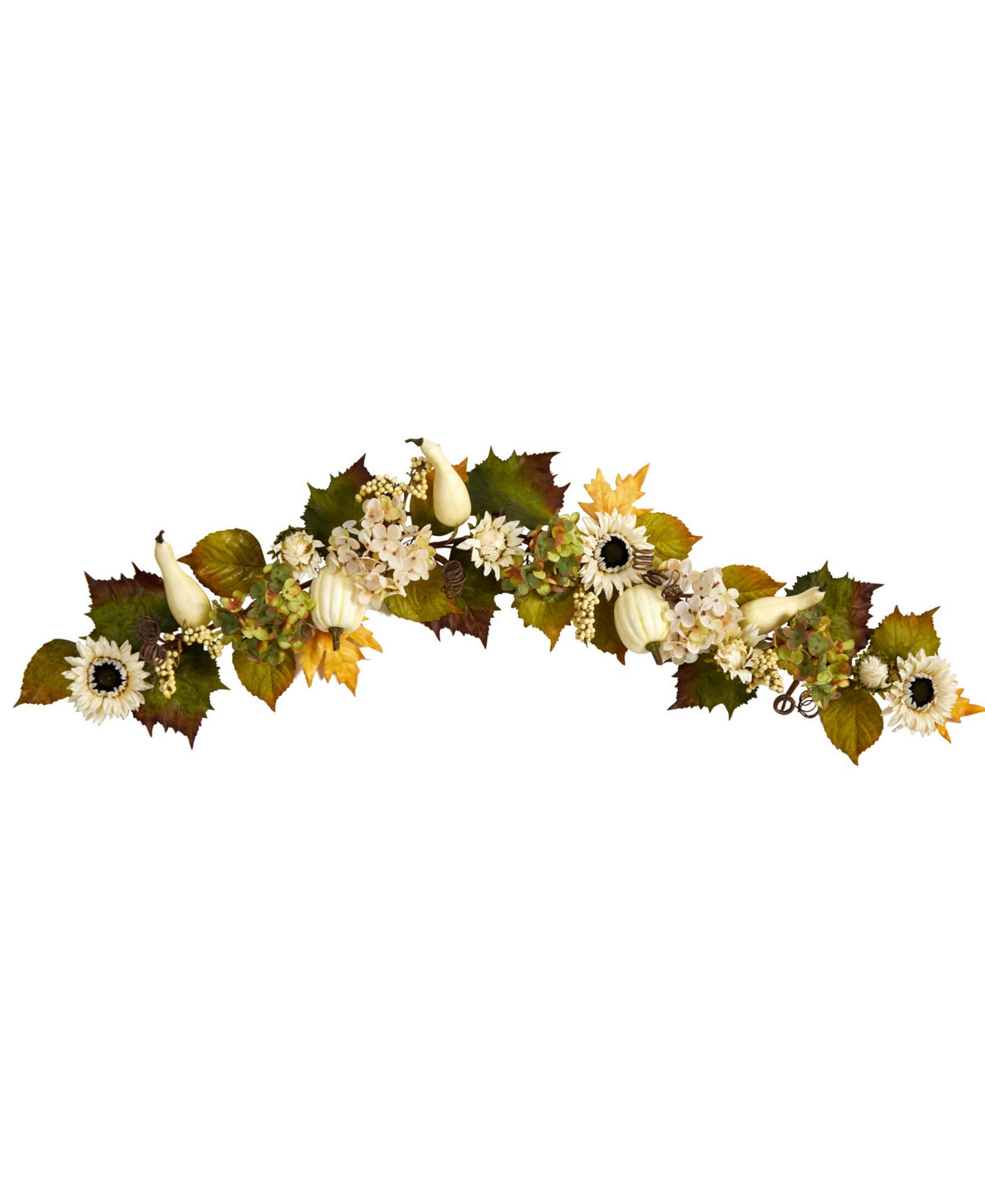 5' Fall Sunflower, Hydrangea and White Pumpkin Artificial Autumn Garland - Green | Macy's