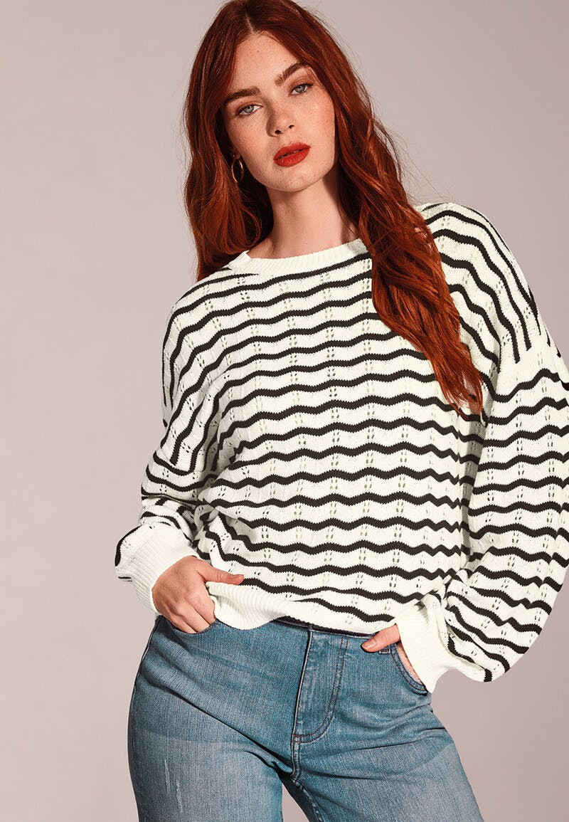 Womens White and Black Stripe Pointelle Jumper | Peacocks