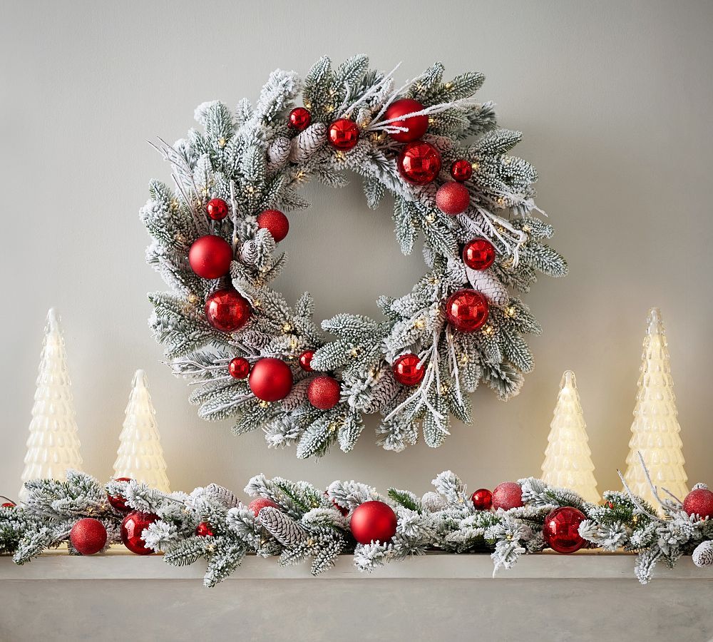 Lit Faux Frosted Pine & Ornaments Wreath & Garland | Pottery Barn (US)
