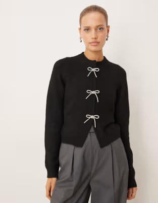 ASOS DESIGN diamante bow front cardigan in black | ASOS (Global)