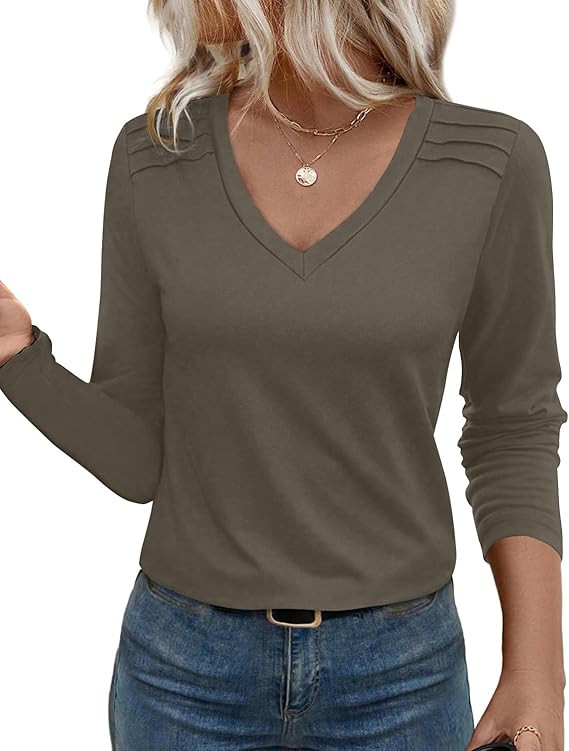 JUSTFASHIONNOW Pleated Long Sleeve Shirts for Women V Neck Dressy Casual Business Blouses Fall To... | Amazon (US)
