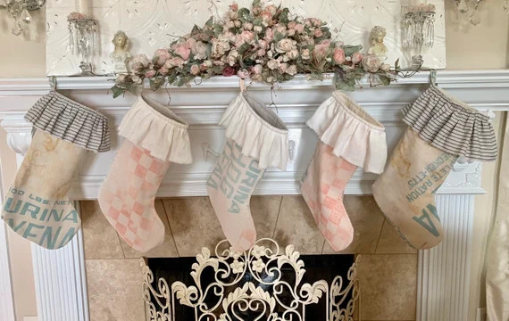 Vintage Flour Sack Shabby Chic Stockings - Farmhouse Christmas Stocking - Cottage Holiday Decor | Etsy (US)