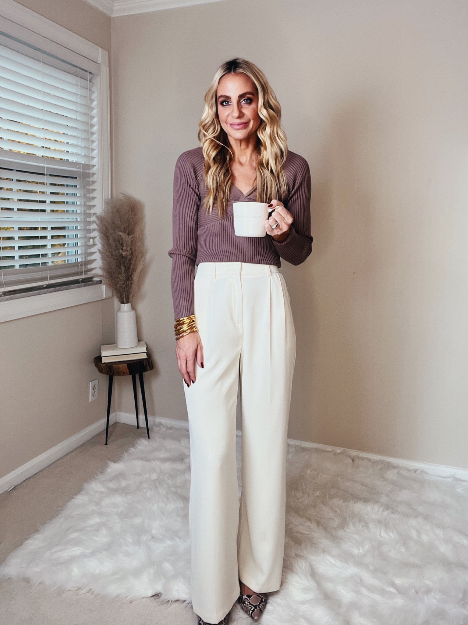 Work outfit.  Fall workwear. Amazon workwear. Affordable workwear. Amazon sweater. Fall sweater. Wide leg pants. High waisted pants. Cream/beige pants.  Everything is available in other colors. I am wearing a small. 

#LTKworkwear #LTKover40 #LTKfindsunder50