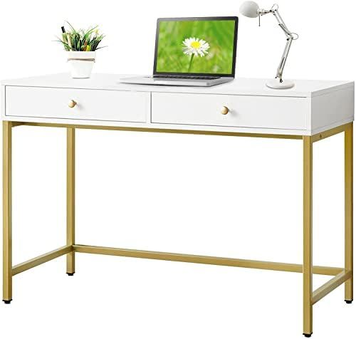 Amazon.com: White-Vanity-Desk with 2 Drawers, White/Gold Home-Office-Desks Glossy Desktop Makeup-... | Amazon (US)