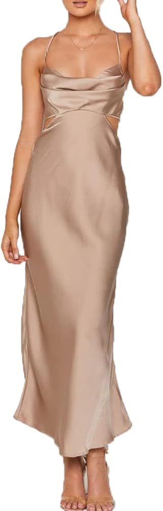 Fiemaoves Satin Silk Slip Backless Maxi Dress for Wedding Guest- Cut Out Cowl Neck Cocktail Long Mid | Amazon (US)