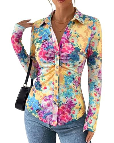 CHICME Sheer Mesh Button Down Shirt for Women Floral Print Tops Long Sleeve Shirts Slim Fit Ruched Sexy Boho Vintage Y2K Fashion Going Out Blouses | Amazon (US)