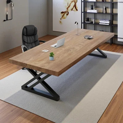 Industrial-style Rectangular Solid Wood Office Desk And Chair Set, Modern Solid Wood Computer Desk Paired With Pu Leather Black Executive Chair | Wayfair North America