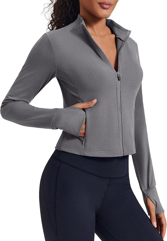 PINSPARK Women Cropped Workout Jackets Full Zip Slim Fit Athletic Jackets Thumb Holes Running Jac... | Amazon (US)