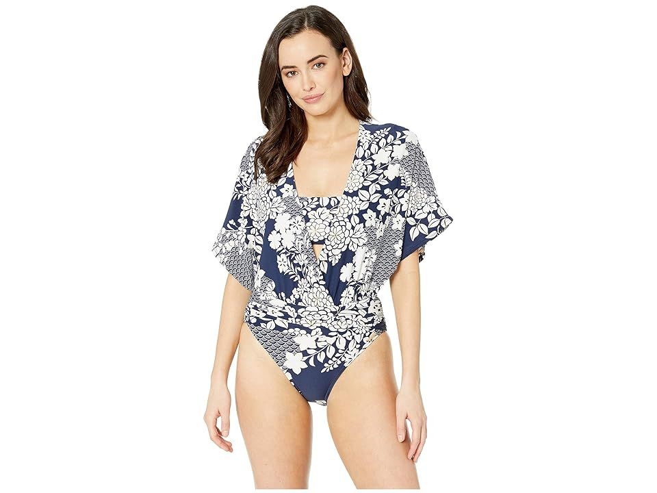 Vince Camuto Zen Garden Kimono Sleeve One-Piece (Deep Sea) Women's Swimsuits One Piece | Zappos