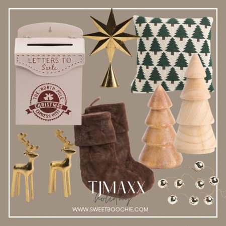 Holiday decor from TJMaxx. Brown fur stockings, wooden trees, Santa mailbox, Christmas pillows, gold reindeer, Christmas tree topper, Christmas tree star 

#LTKhome #LTKHoliday #LTKSeasonal