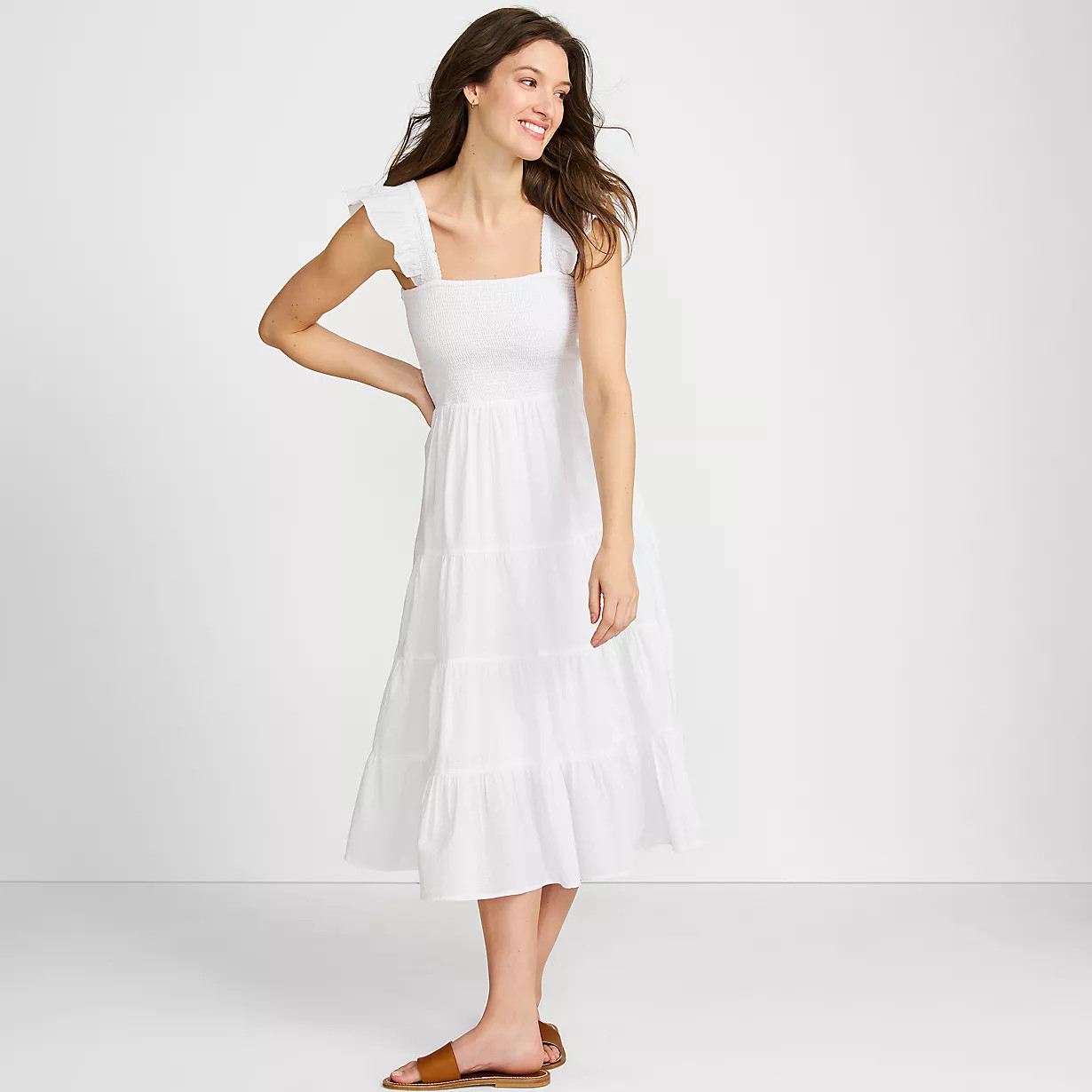 Women's Petite Cotton Dobby Smocked Dress with Ruffle Straps | Lands' End (US)