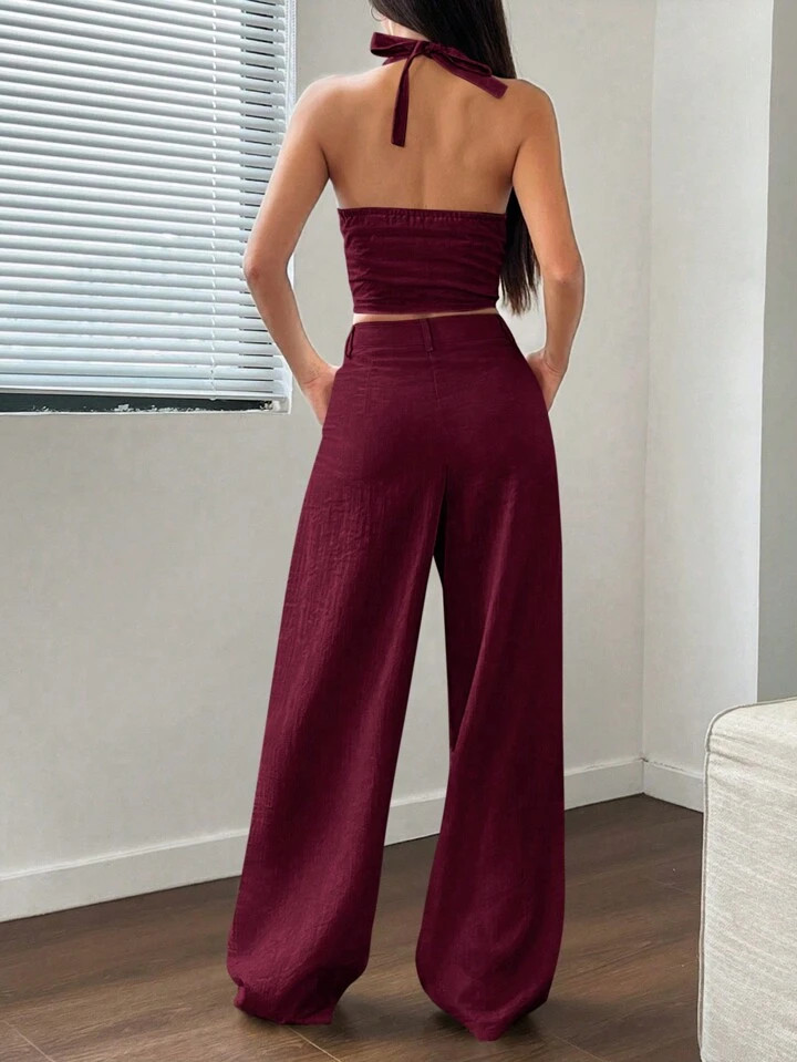 SHEIN MOOSTA 2pcs/Set: Neck Tie Halter Vest And Straight-Leg Casual Pants | SHEIN