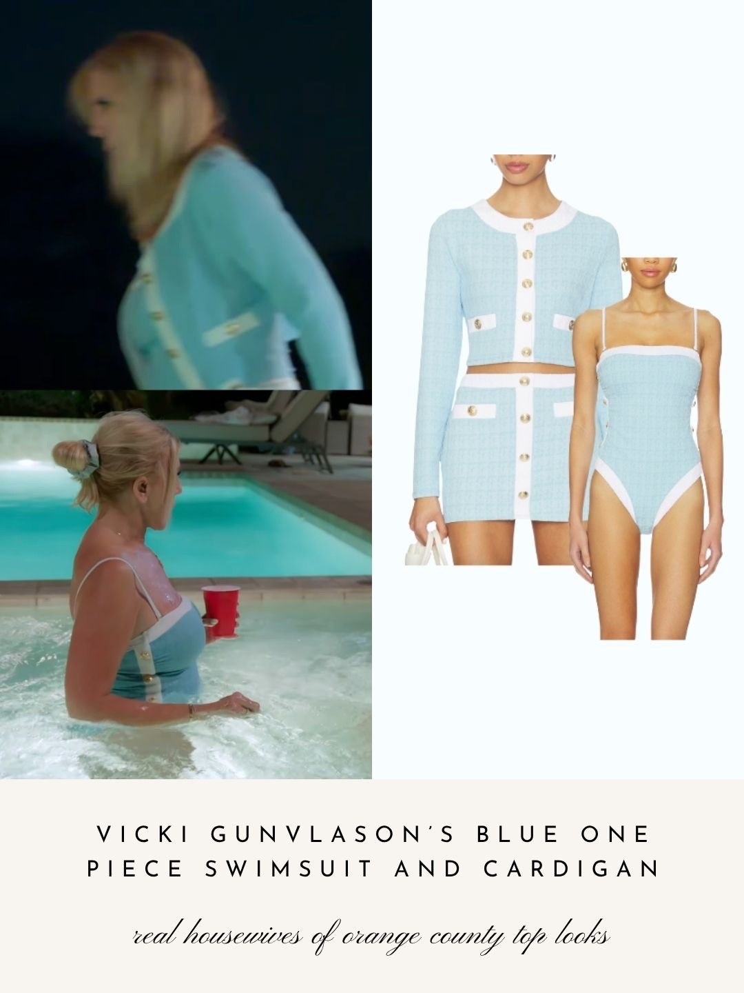 Vicki Gunvalson’s Blue One Piece Swimsuit and Cardigan