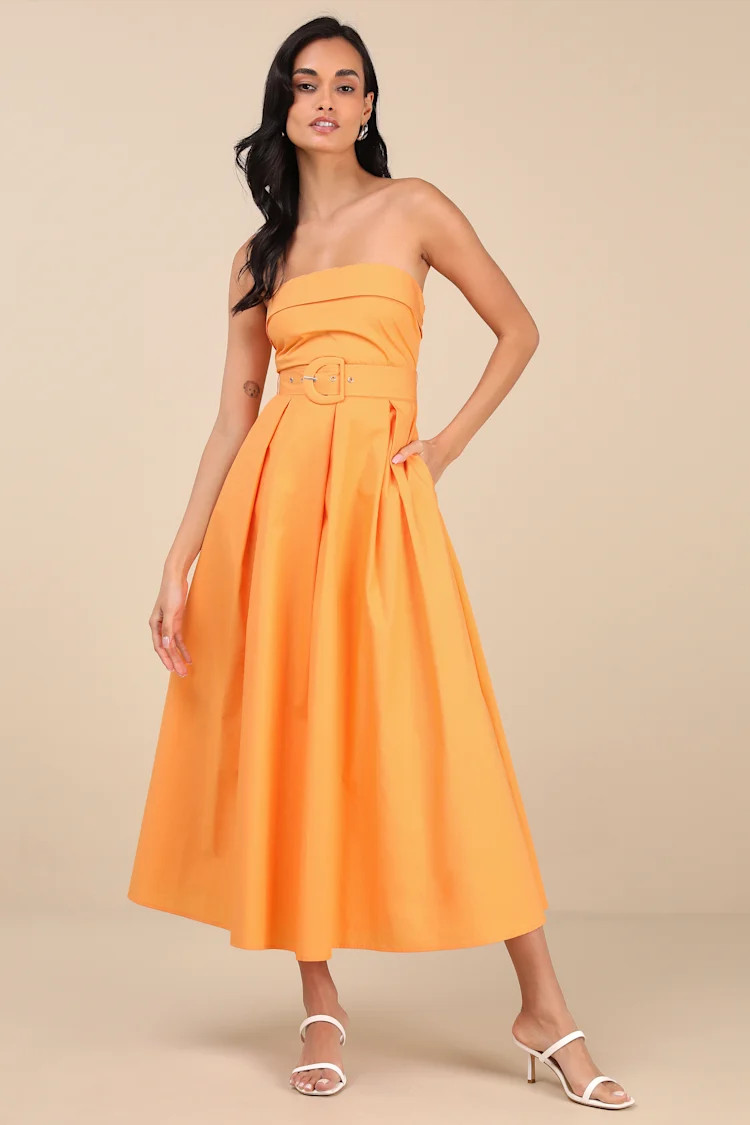Trendsetting Choice Orange Strapless Midi Dress With Pockets | Lulus