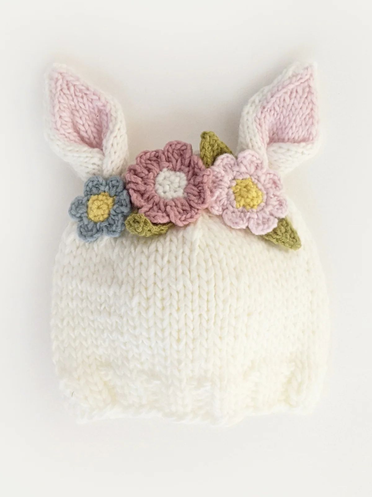 Knit Bunny Hat, White Multi Flowers | SpearmintLOVE