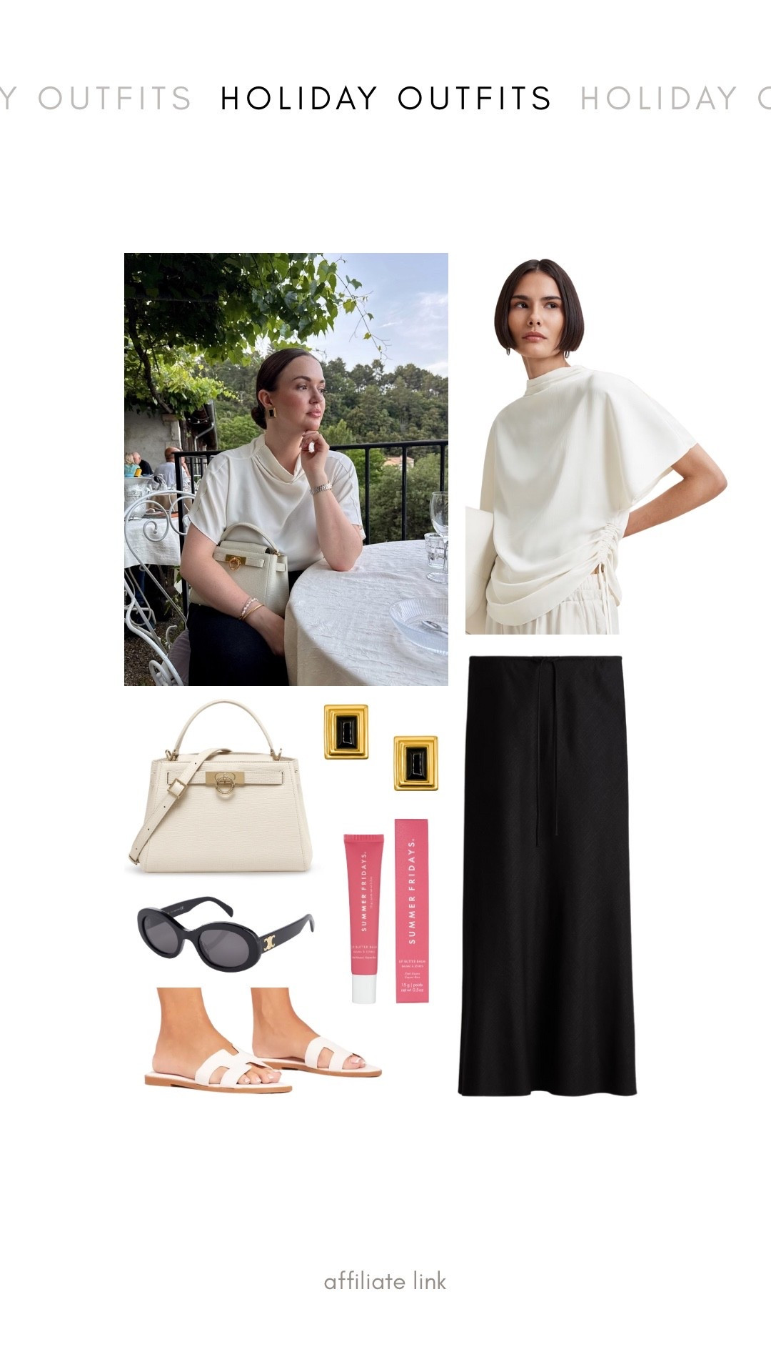 Summer holiday dinner outfit - black maxi linen skirt, allsaints white satin blouse top, summer Fridays lip butter balm, Celine triomphe black sunglasses, white ego h sandals 

#LTKuk #LTKsummer #LTKstyletip