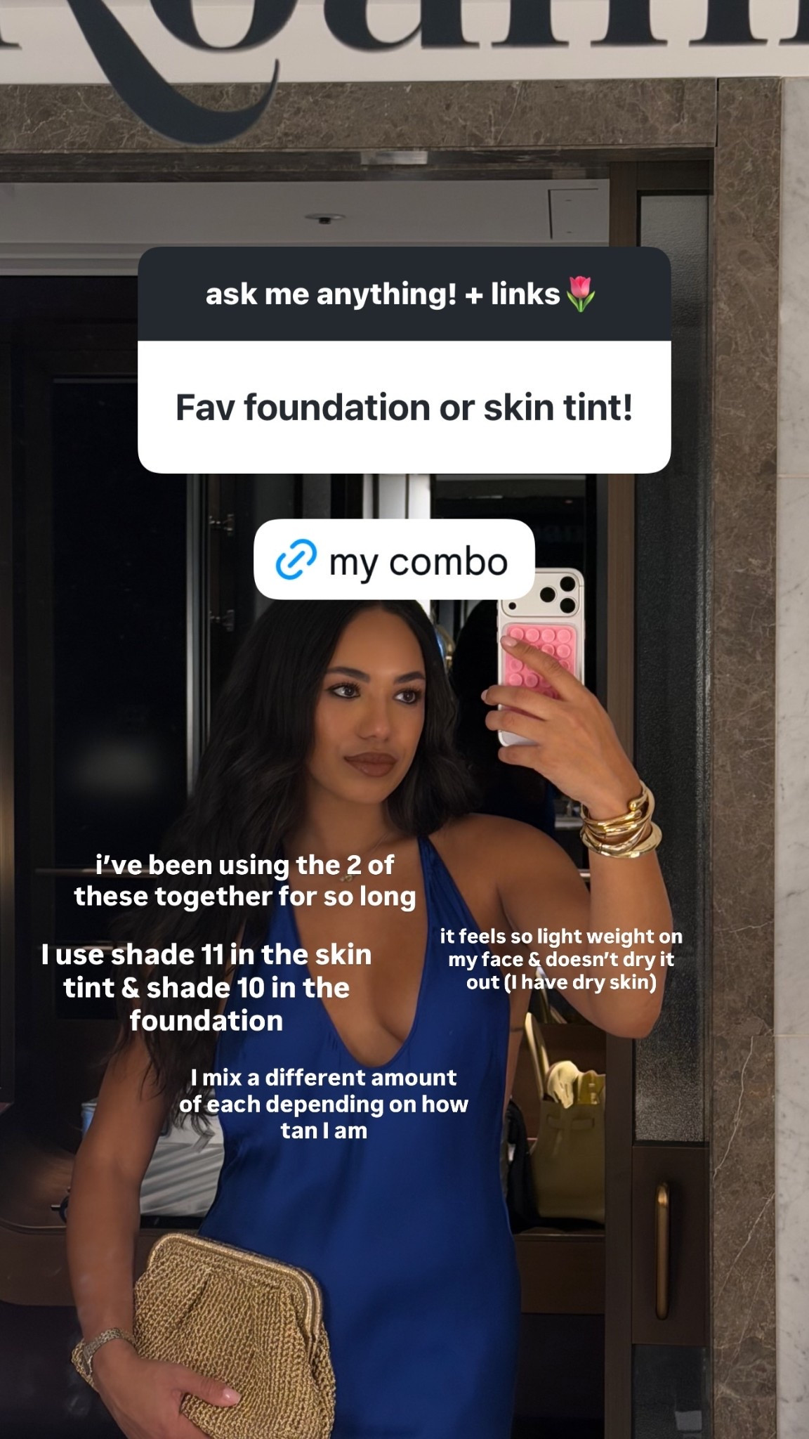 i’ve been using the 2 of these together for so long I use shade 11 in the skin tint & shade 10 in the foundation  I mix a different amount of each depending on how tan I am  it feels so light weight on my face & doesn’t dry it out (I have dry skin)