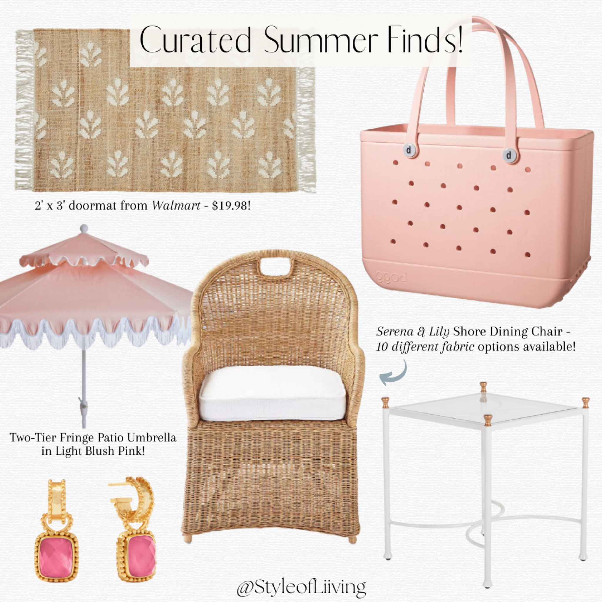 Summer finds! Doormat from Walmart, One Kings Lane outdoor furniture and umbrella on sale, Serena and Lily accent dining chair, Boggs bag, pink and gold earrings, side table, beach bag. #outdoor #patio #ltksalealert

#LTKGiftGuide #LTKHome #LTKStyleTip