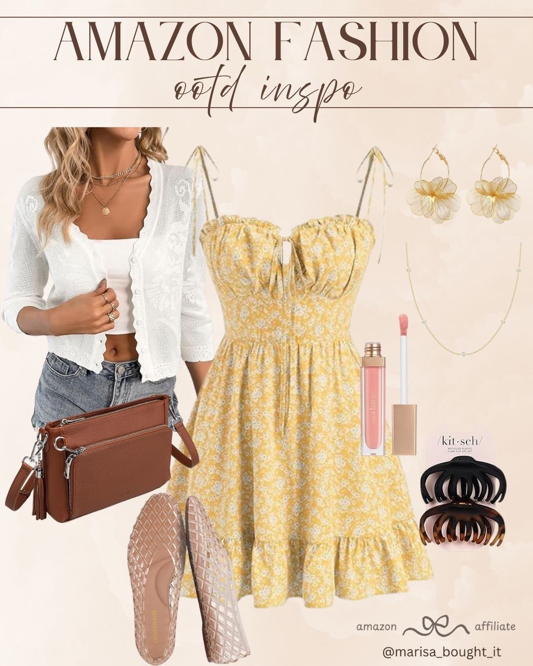 🌼 Nothing says warm weather like a sweet yellow floral dress. I am styling this cute tie-strap sundress with woven flats, mesh flower earrings, and a handy brown crossbody bag for an effortless weekend outfit.

☀️ For those breezy days, I threw on a delicate white knit cardigan over a simple crop top. Finished it off with a glossy lip tint and a Kitsch claw clip.

#AmazonFashion #SundressSeason #SummerOOTD #CasualChic #AmazonFinds #SpringFashion #FloralDress

#LTKSeasonal #LTKootd #LTKgrwm